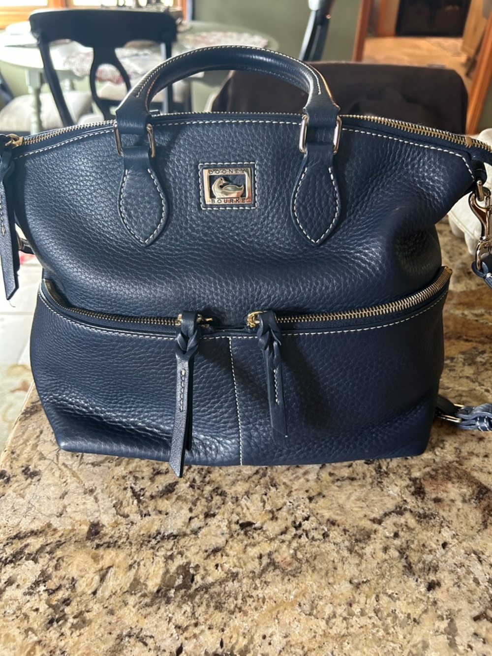 Dooney & Bourke Navy Pebble Leather Satchel with Front Zip Pocket